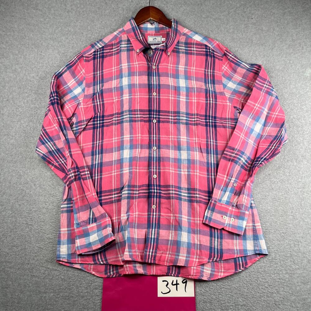 Southern Tide Trim Fit Pink Blue Plaid Linen Shirt Button Up Long Sleeve Men XL